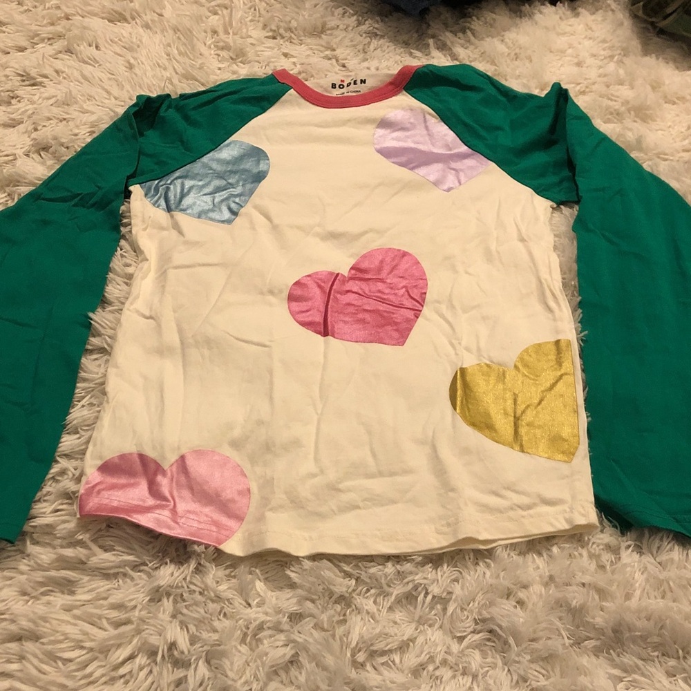 Mini Boden Long Sleeve Shirt with Heart Print - Green and Multicolor